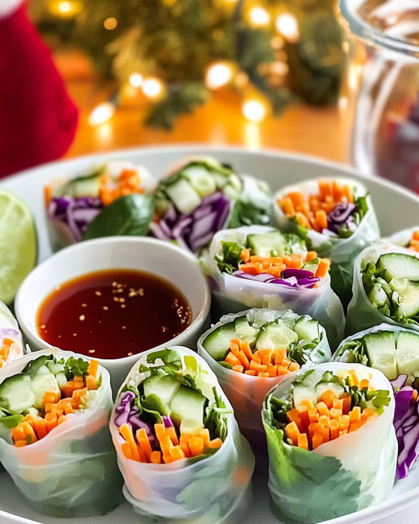 Veggie Spring Rolls cut in half to show the colorful filling inside, served with dipping sauce.