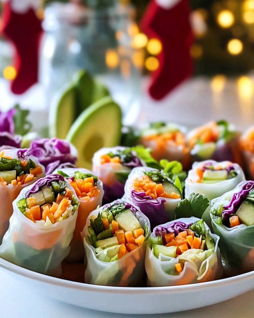 Rolling up a Veggie Spring Roll on a damp surface, showing the filling inside the rice paper.