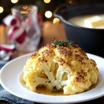 Basting the Whole Roasted Cauliflower with butter sauce during roasting.
