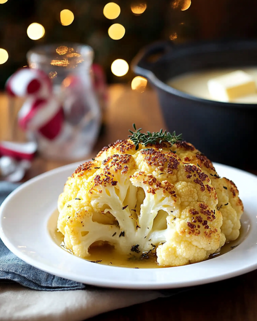 Basting the Whole Roasted Cauliflower with butter sauce during roasting.