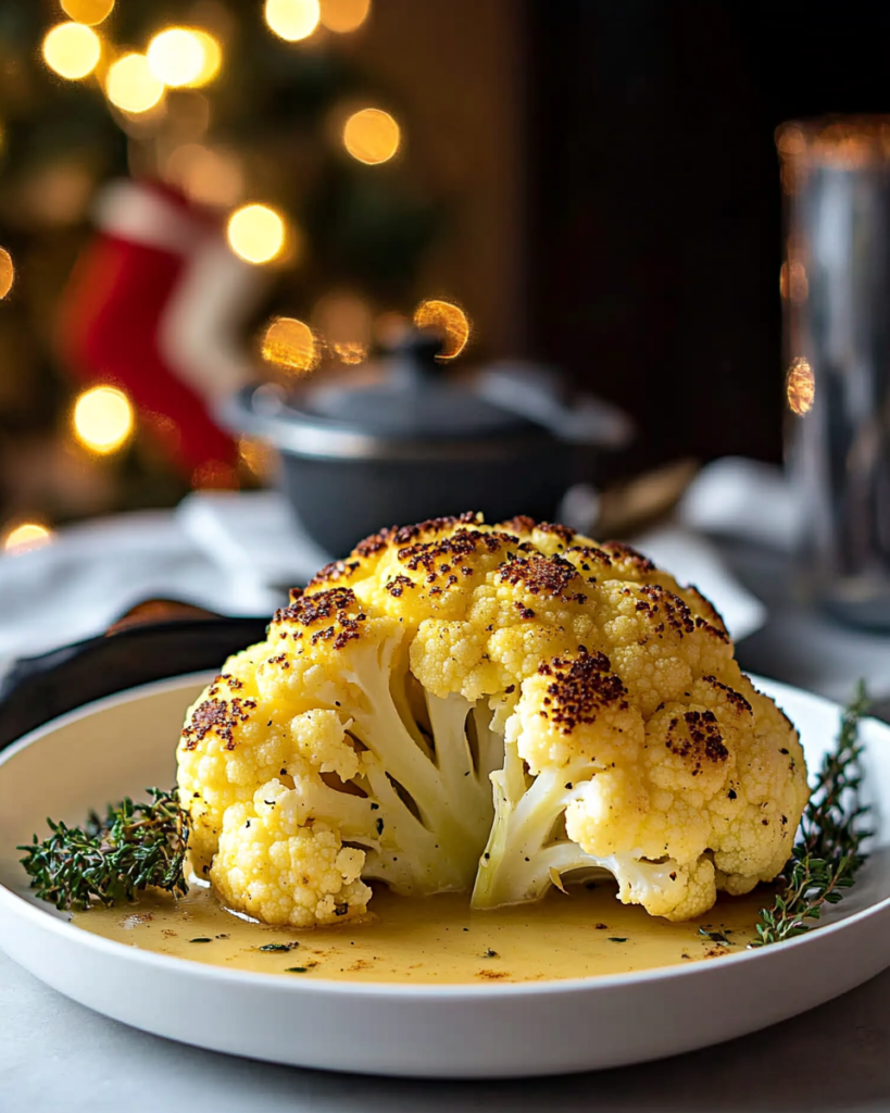 Ingredients for Whole Roasted Cauliflower, including a whole head of cauliflower, broth, butter, thyme, and garlic.