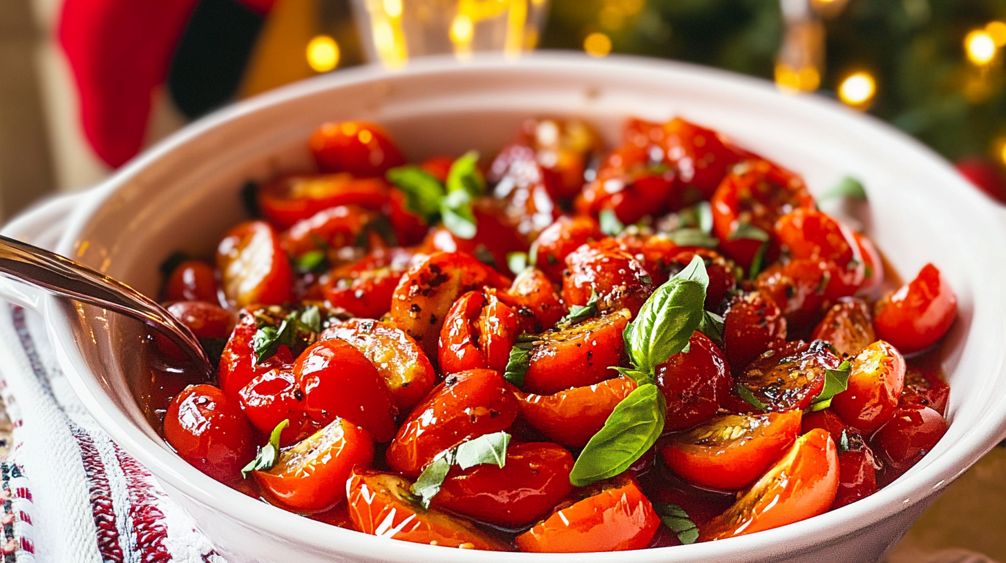 A bright bowl of Marinated Tomato Salad with cherry tomatoes and fresh basil.