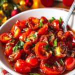 Ingredients for Marinated Tomato Salad, including cherry tomatoes, olive oil, vinegar, basil, and seasonings.