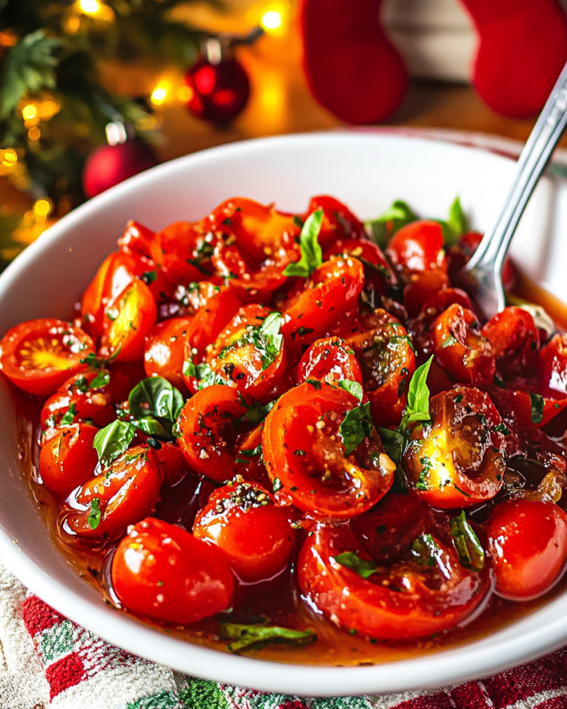 Ingredients for Marinated Tomato Salad, including cherry tomatoes, olive oil, vinegar, basil, and seasonings.