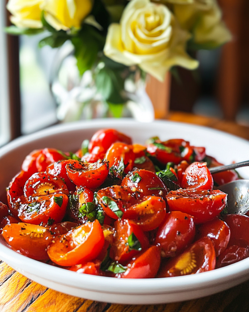 Tossing quartered cherry tomatoes with dressing and basil in a bowl for Marinated Tomato Salad.