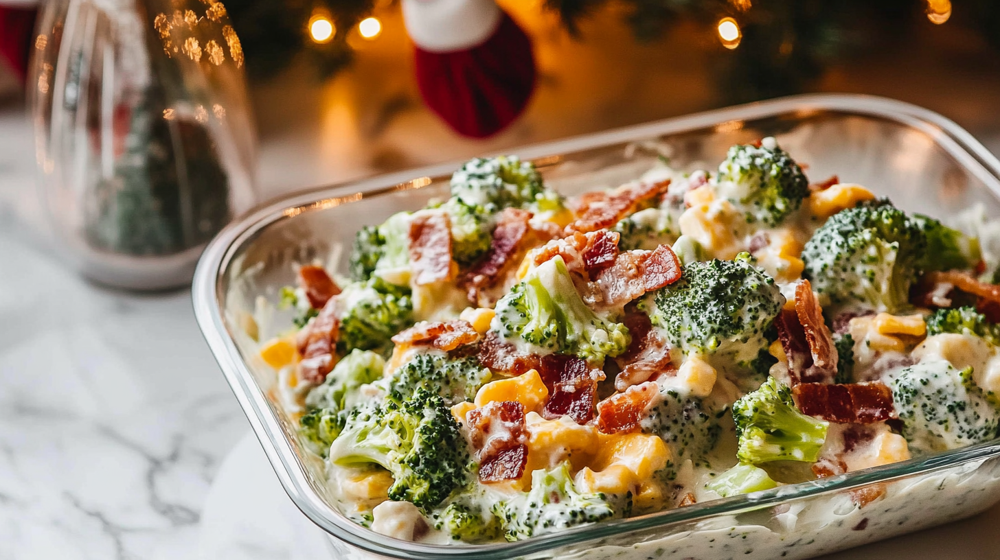 A large bowl of Creamy Broccoli Salad showing broccoli, bacon, cheese, and red onion.