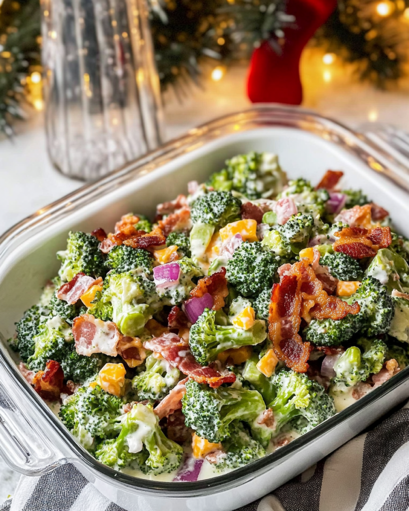 Tossing the broccoli salad ingredients with the creamy dressing in a large bowl.