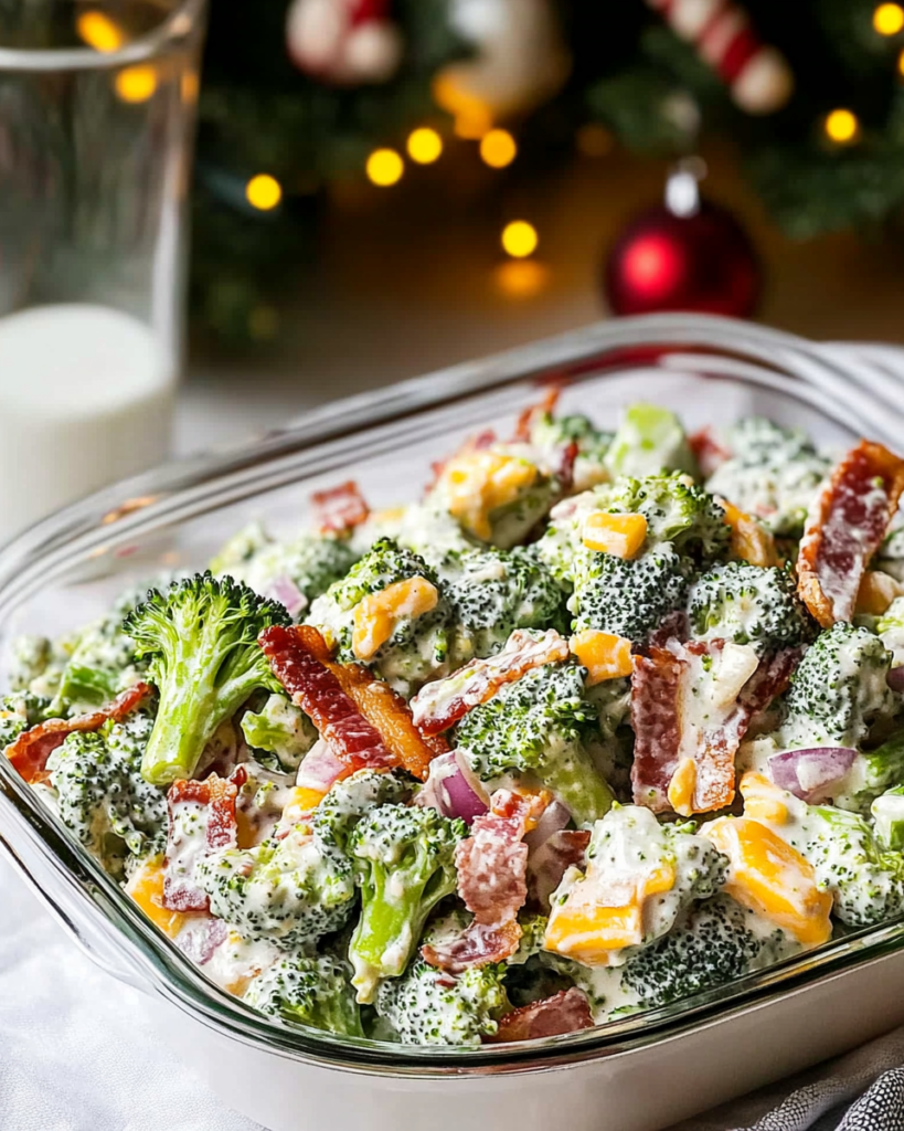 Ingredients for Creamy Broccoli Salad, including fresh broccoli, bacon, cheddar cheese, red onion, yogurt, and mayo.