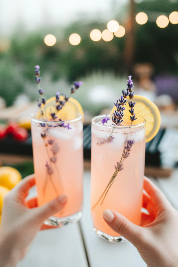 Glasses filled with Lavender Lemonade and ice, garnished with lemon and lavender.