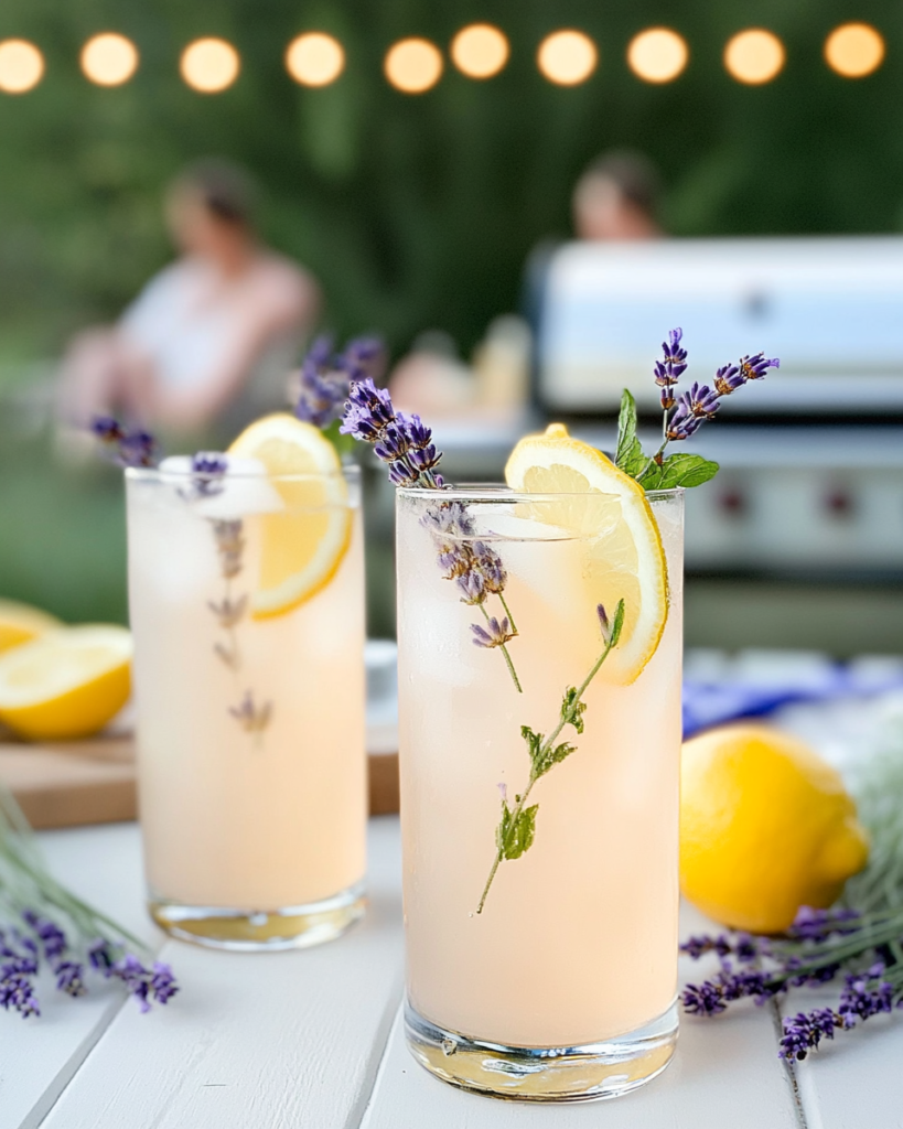 Pouring lemon juice into the blue-green lavender infusion, showing the color change for Lavender Lemonade.
