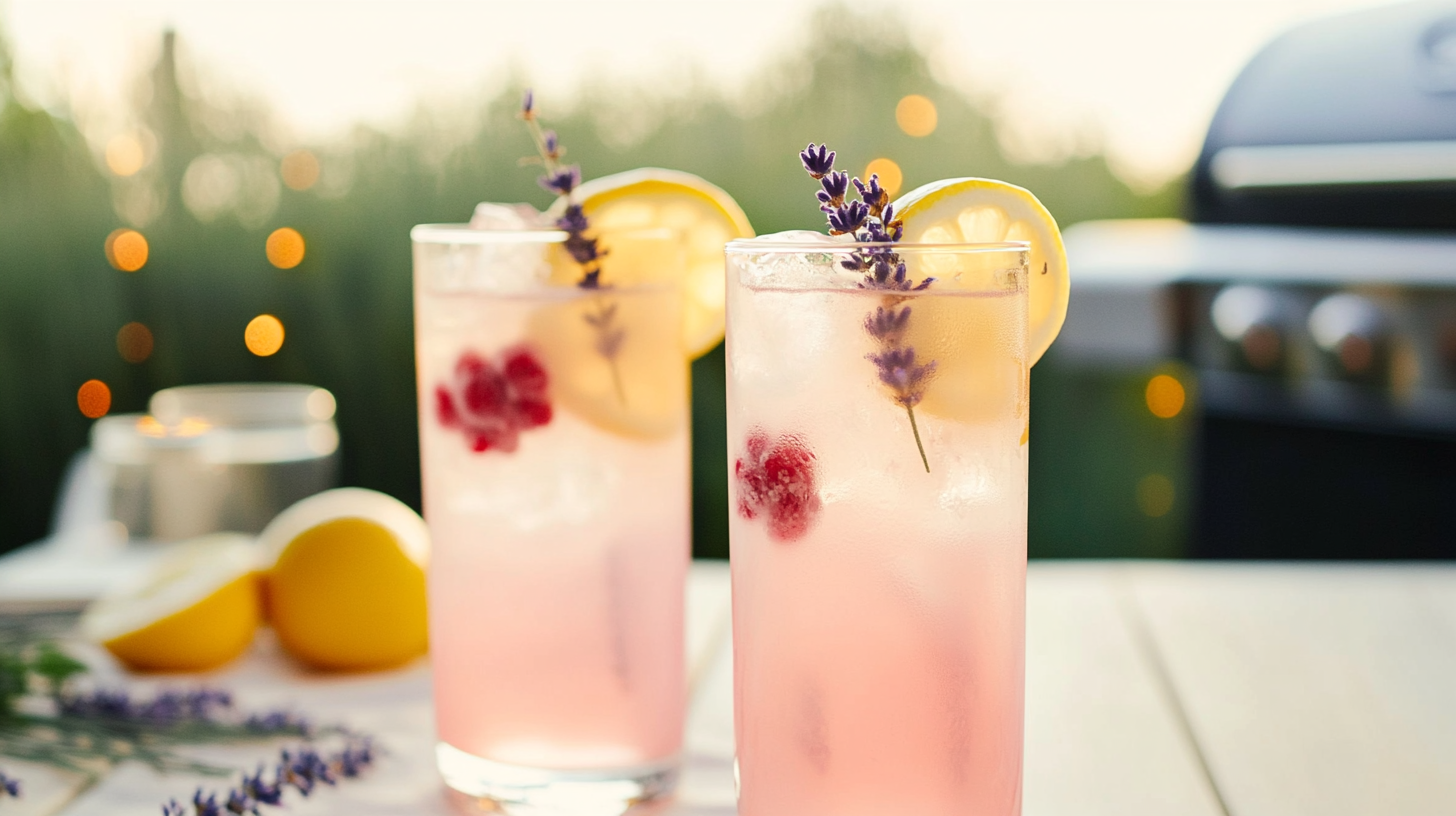 A glass pitcher filled with pink Lavender Lemonade, garnished with lemon slices and lavender sprigs.