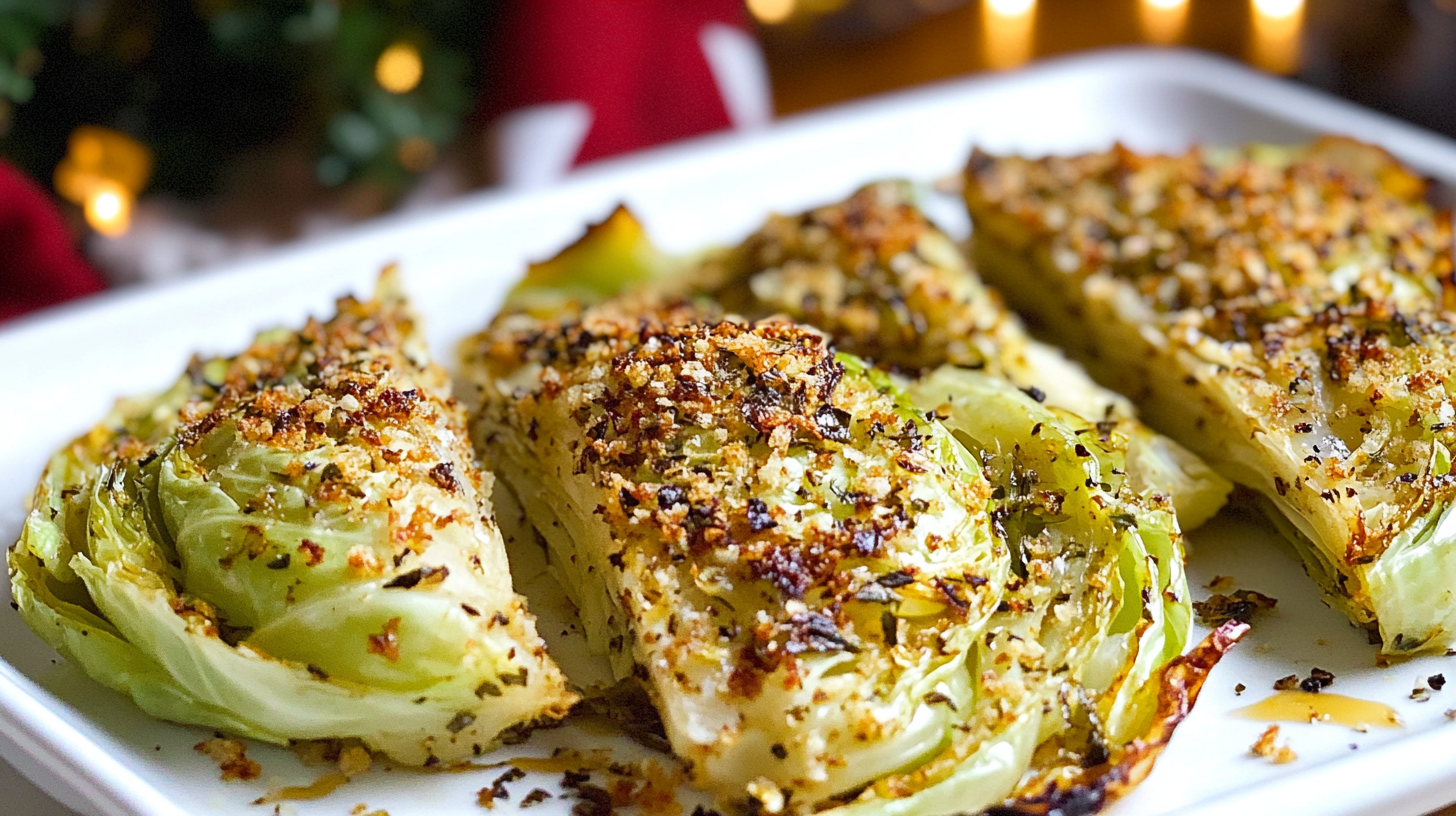 Crispy, golden-brown Roasted Cabbage Wedges with Parmesan and herbs on a baking sheet.