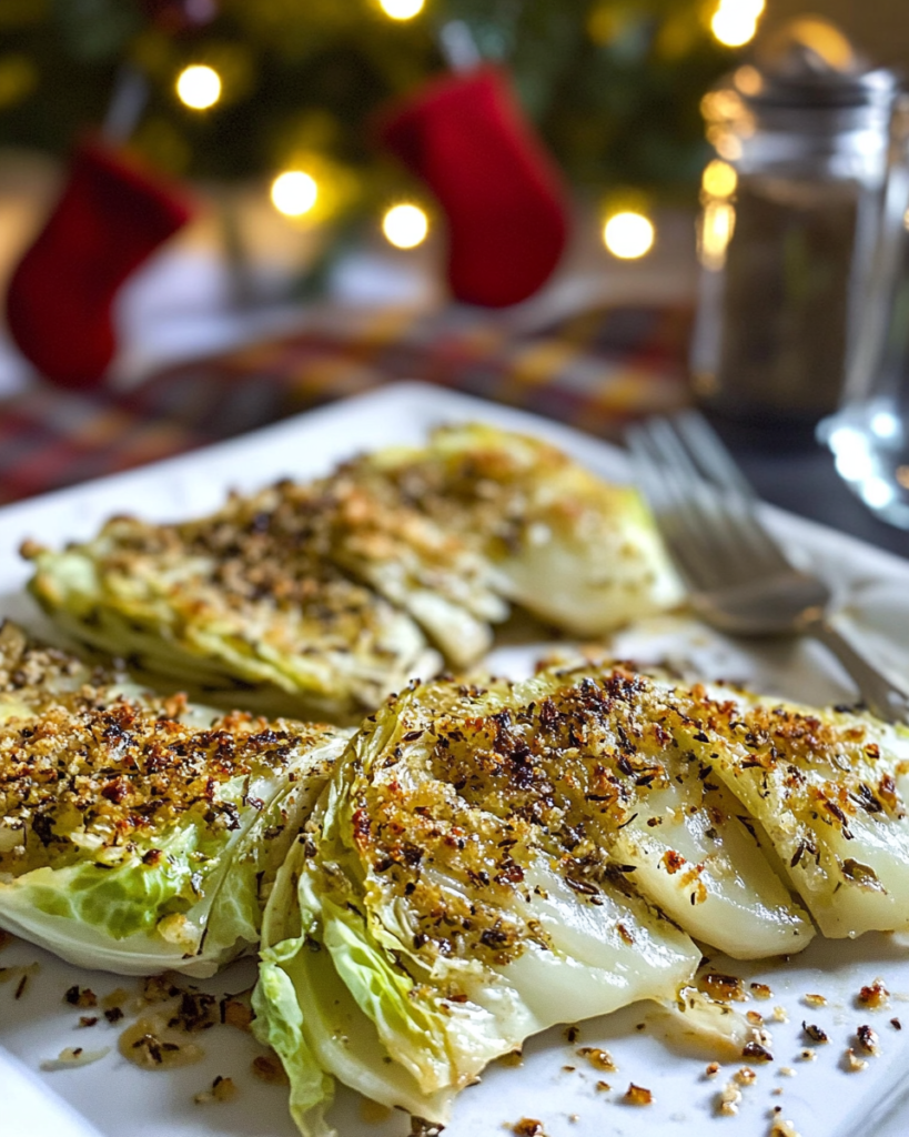 Ingredients for Roasted Cabbage Wedges, including a head of cabbage, Parmesan cheese, garlic, herbs, and olive oil.