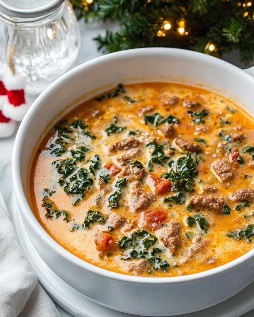  Ingredients for Keto Tuscan Soup, including Italian sausage, kale, cream, broth, and sun-dried tomatoes.