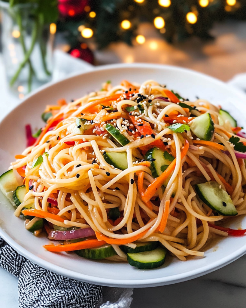Ingredients for Asian Noodle Salad, including noodles, carrots, cucumber, peppers, cilantro, and ginger dressing components.