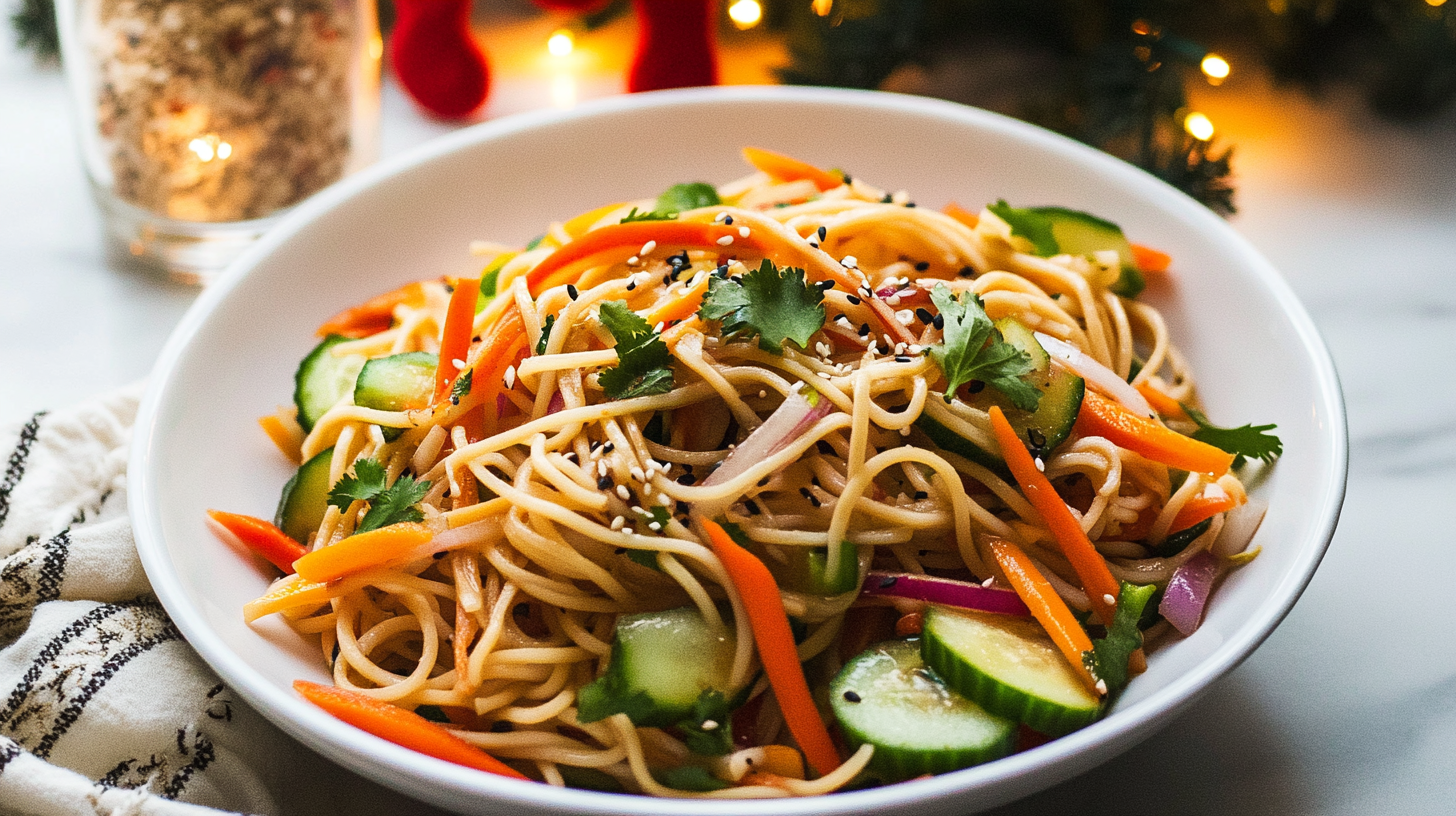 A colorful bowl of Asian Noodle Salad with noodles, carrots, cucumber, peppers, and cilantro, tossed in dressing.