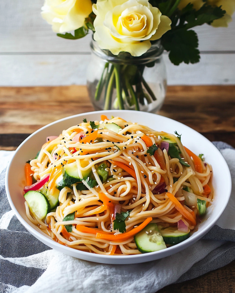 Individual servings of Asian Noodle Salad in bowls, possibly garnished with sesame seeds.