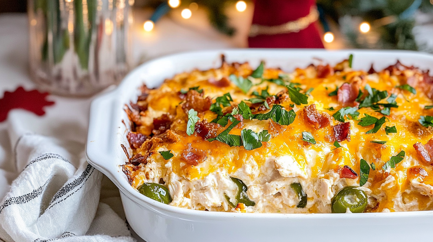 A bubbly, cheesy Jalapeño Popper Chicken Casserole in a baking dish, topped with bacon.