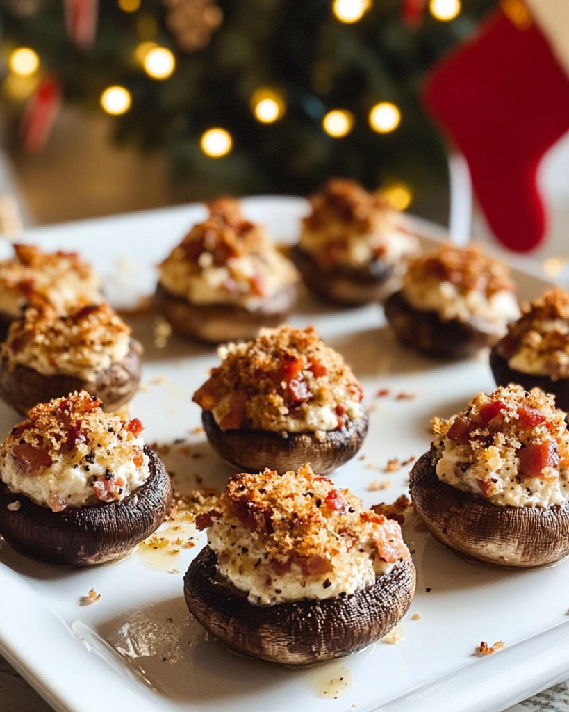 Ingredients for Baked Stuffed Mushrooms, including baby bella mushrooms, cream cheese, bacon, Parmesan, and panko.