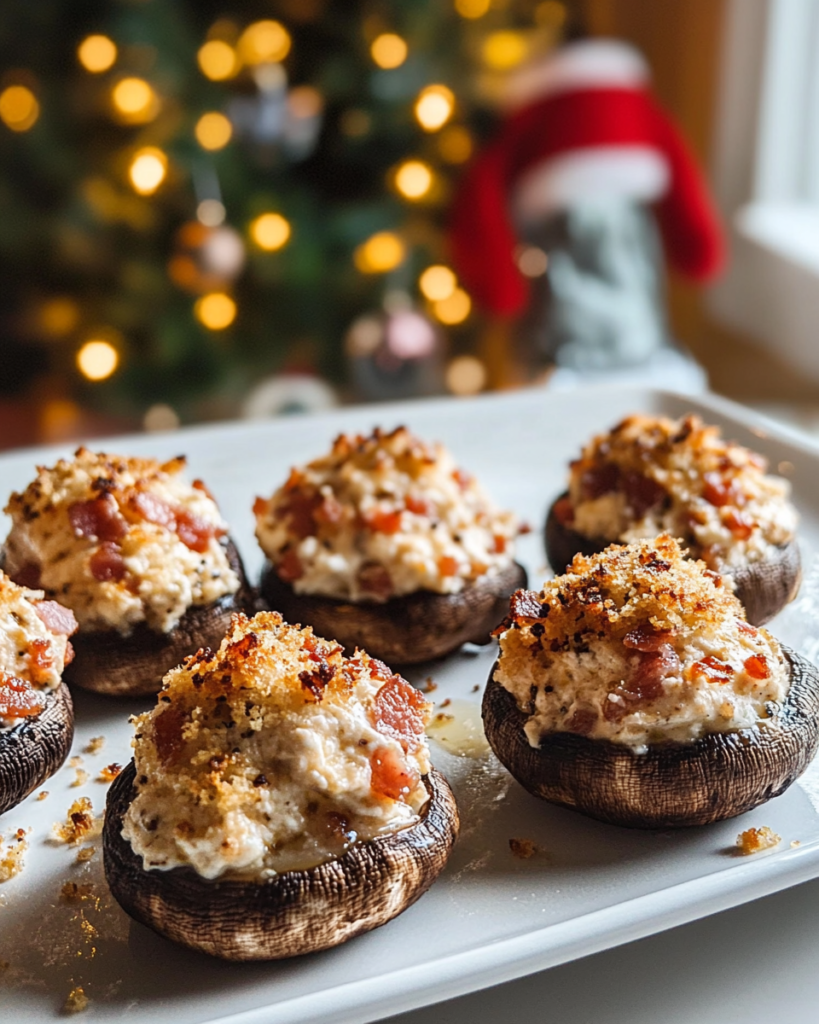 Filling the mushroom caps with the cream cheese mixture for Baked Stuffed Mushrooms.