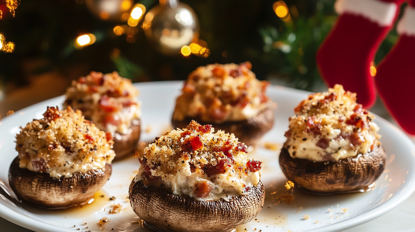 Golden-brown Baked Stuffed Mushrooms with cream cheese and bacon filling on a baking sheet or platter.