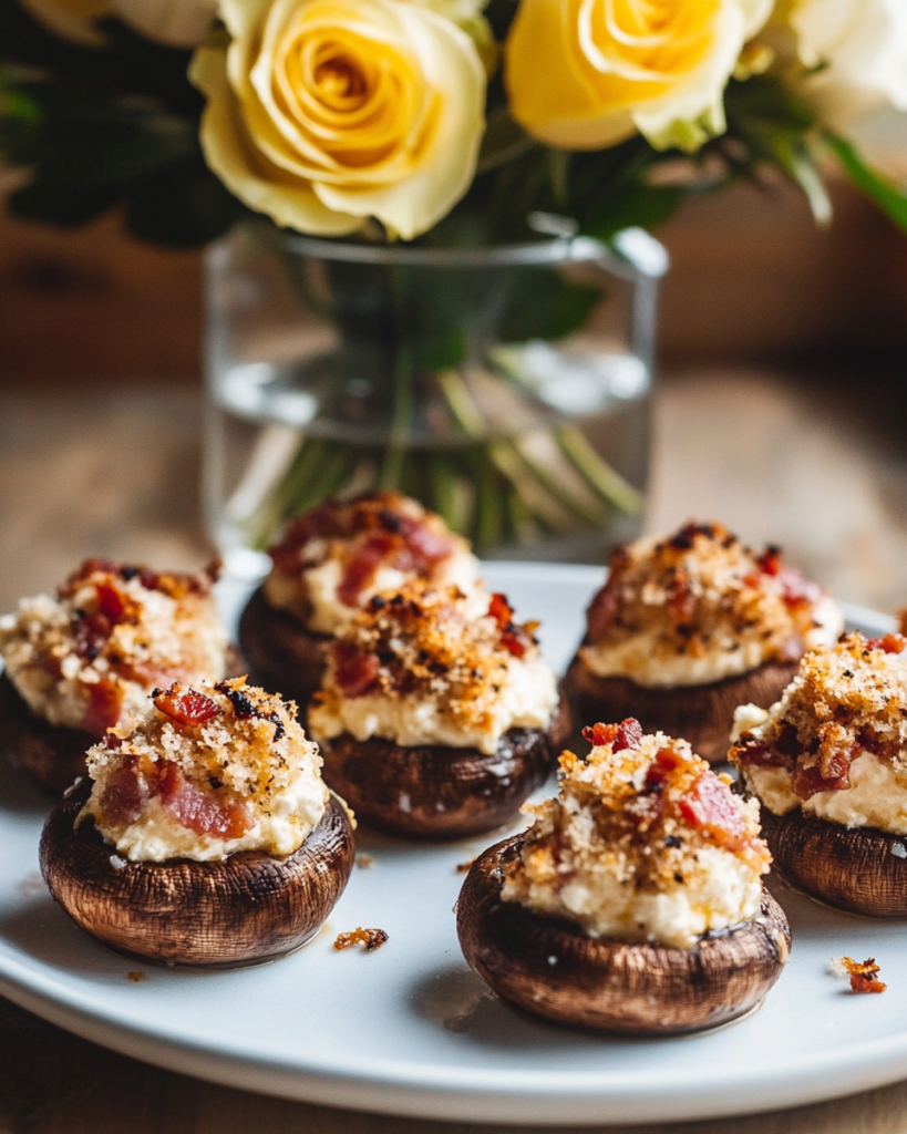 Baked Stuffed Mushrooms arranged on a serving platter, ready for a party.