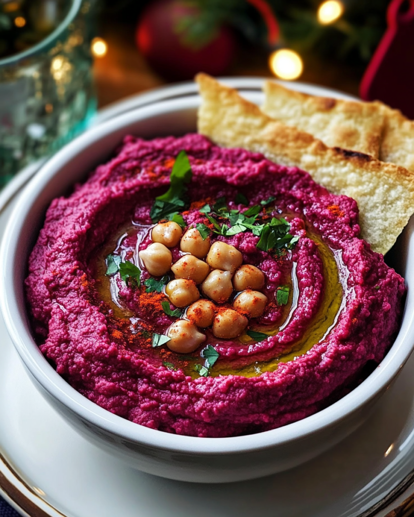 Beet Hummus served in a bowl with pita bread and vegetable sticks for dipping.