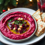 Blending the ingredients for Beet Hummus in a food processor until smooth.