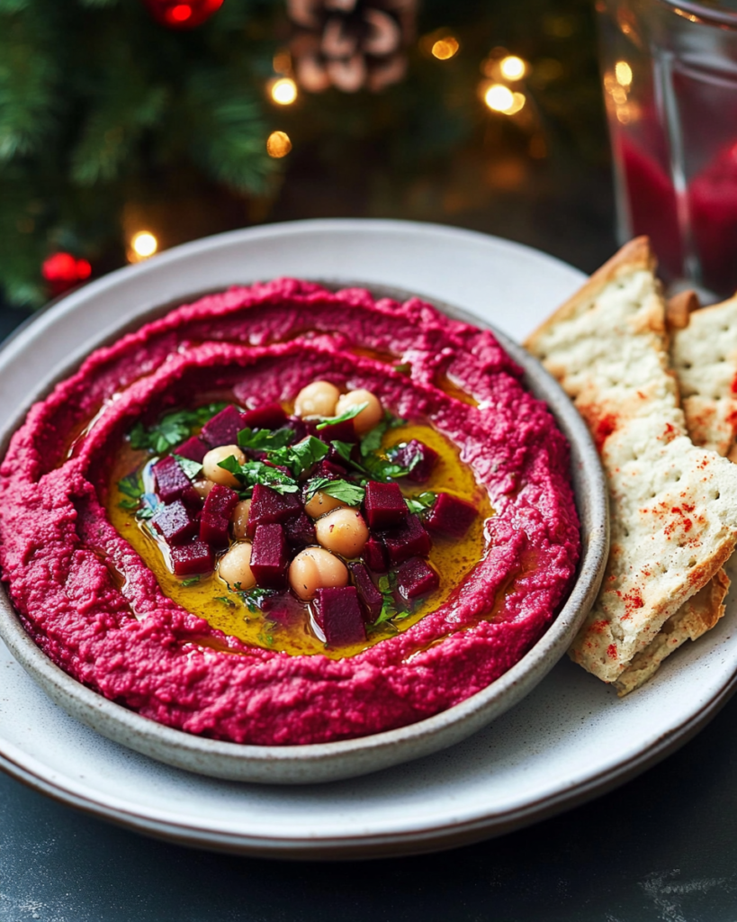 Blending the ingredients for Beet Hummus in a food processor until smooth.