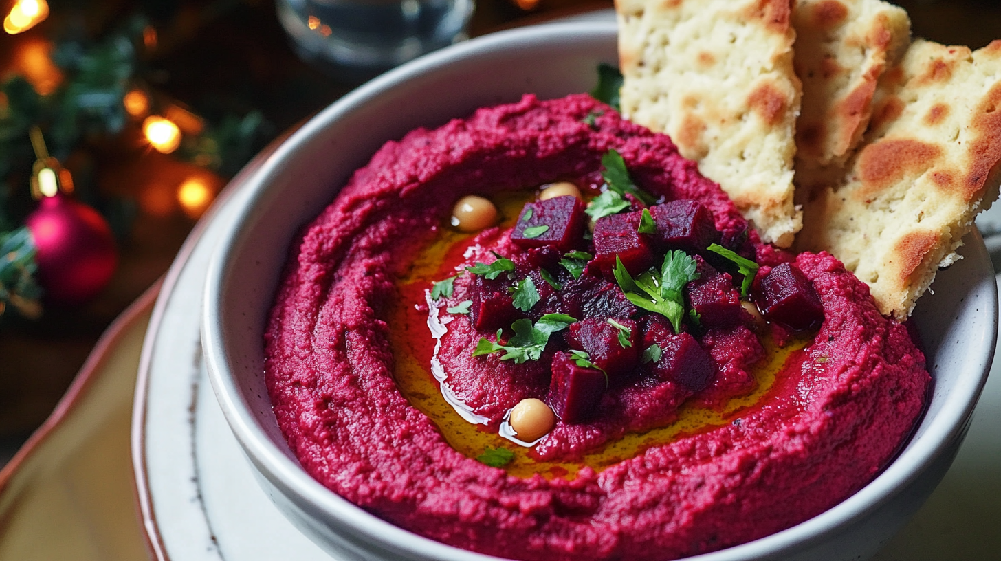 A vibrant pink bowl of Beet Hummus, drizzled with olive oil and garnished with cilantro.