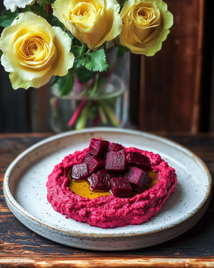 Ingredients for Beet Hummus, including chickpeas, raw beets, tahini, lemon, garlic, and olive oil.