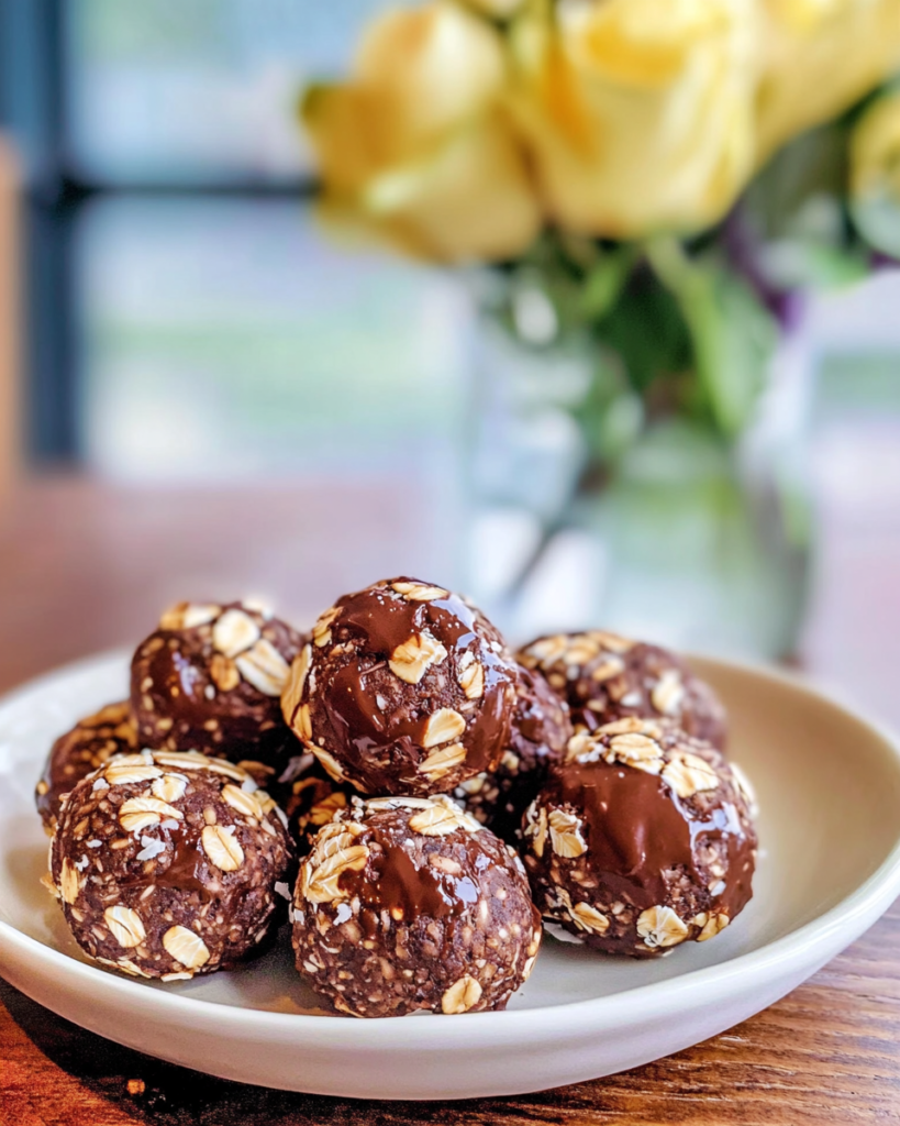 Easy No-Bake Oat Chocolate Energy Balls (3 Steps!) 10 Ingredients for No-Bake Oat Chocolate Balls, including rolled oats, cashews, coconut, chocolate chips, and honey/agave.