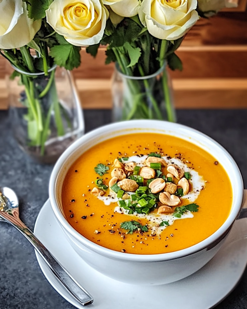 Roasted Carrot Soup served in bowls with various toppings like nuts and herbs.