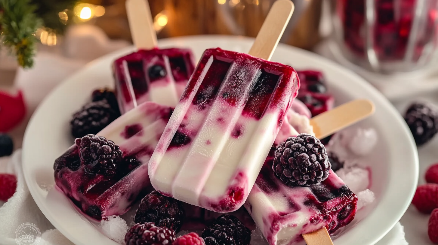 Colorful layered Berries and Cream Popsicles with visible fruit and yogurt swirls.