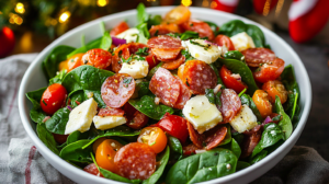 A vibrant bowl of Spinach Salad with mozzarella, tomatoes, pepperoni, and red onion.  