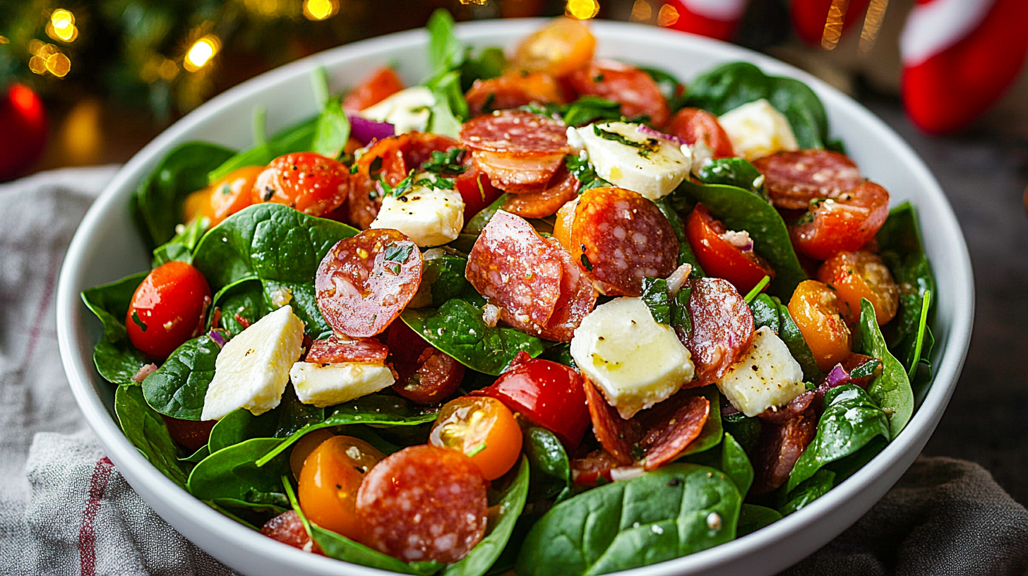 A vibrant bowl of Spinach Salad with mozzarella, tomatoes, pepperoni, and red onion.  
