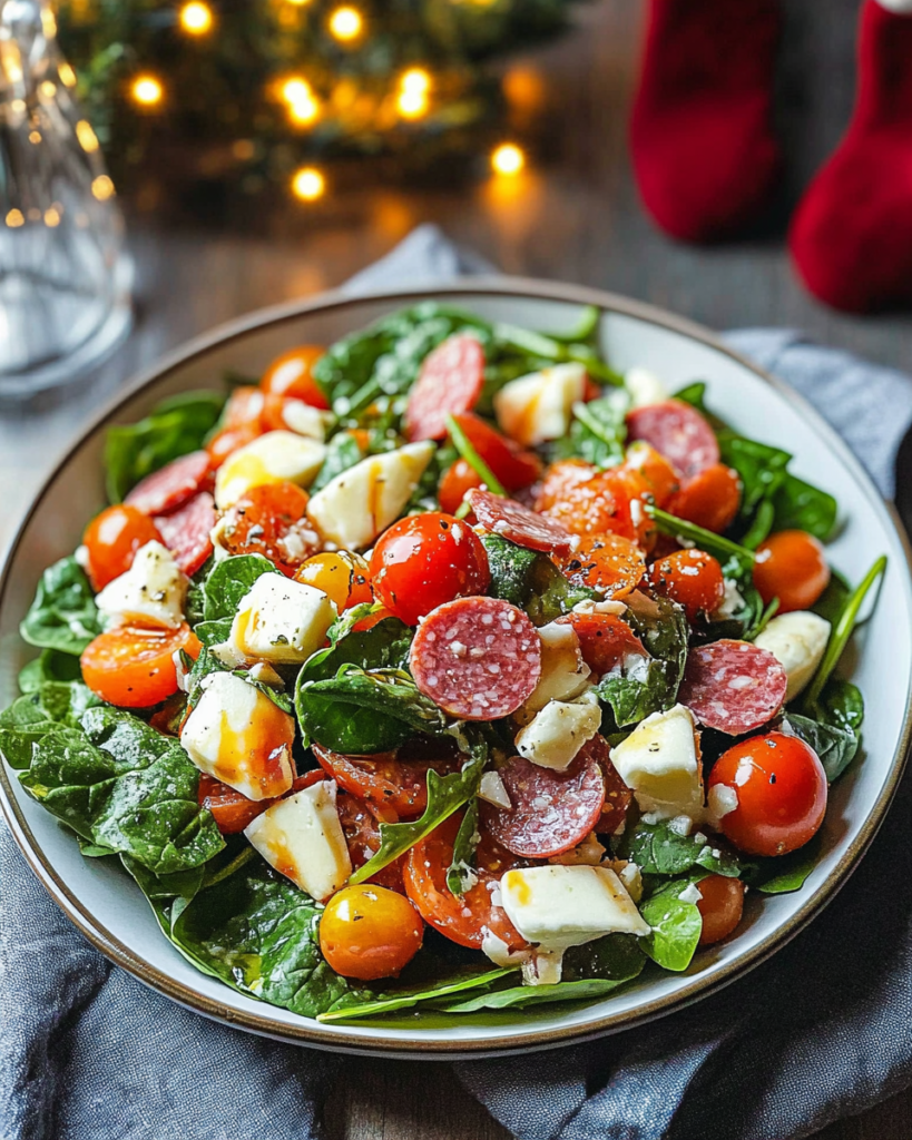 Ingredients for Spinach Salad, including baby spinach, mozzarella balls, cherry tomatoes, pepperoni, red onion, and dressing components.