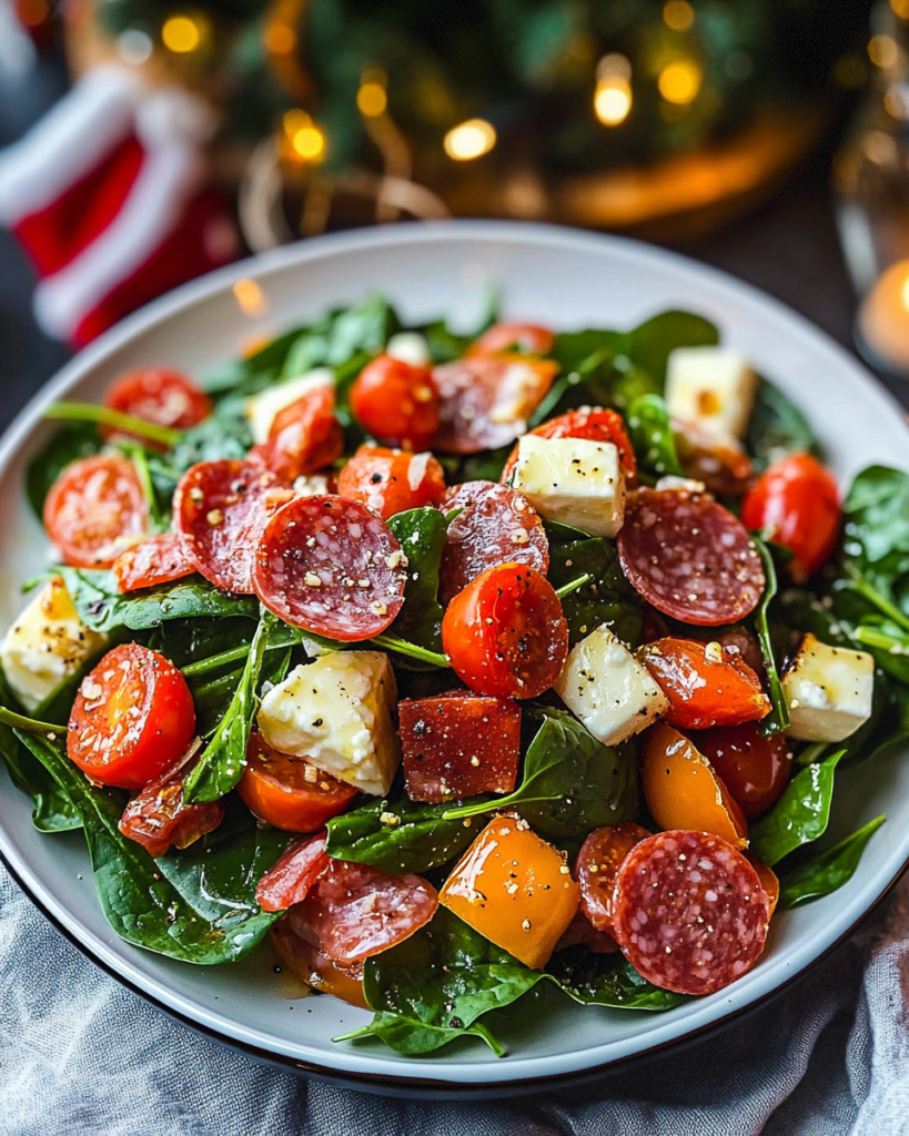 Tossing the Spinach Salad ingredients with the lemon vinaigrette dressing.