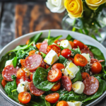 An individual serving of the Spinach Salad with Mozzarella, Tomato & Pepperoni on a plate.
