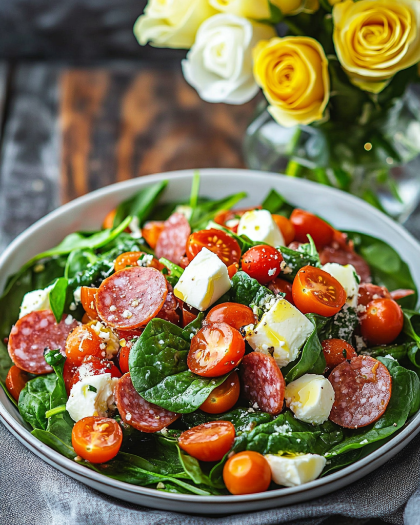 An individual serving of the Spinach Salad with Mozzarella, Tomato & Pepperoni on a plate.