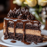 The whole Chocolate Cappuccino Cake decorated with chocolate shavings on a cake stand.
