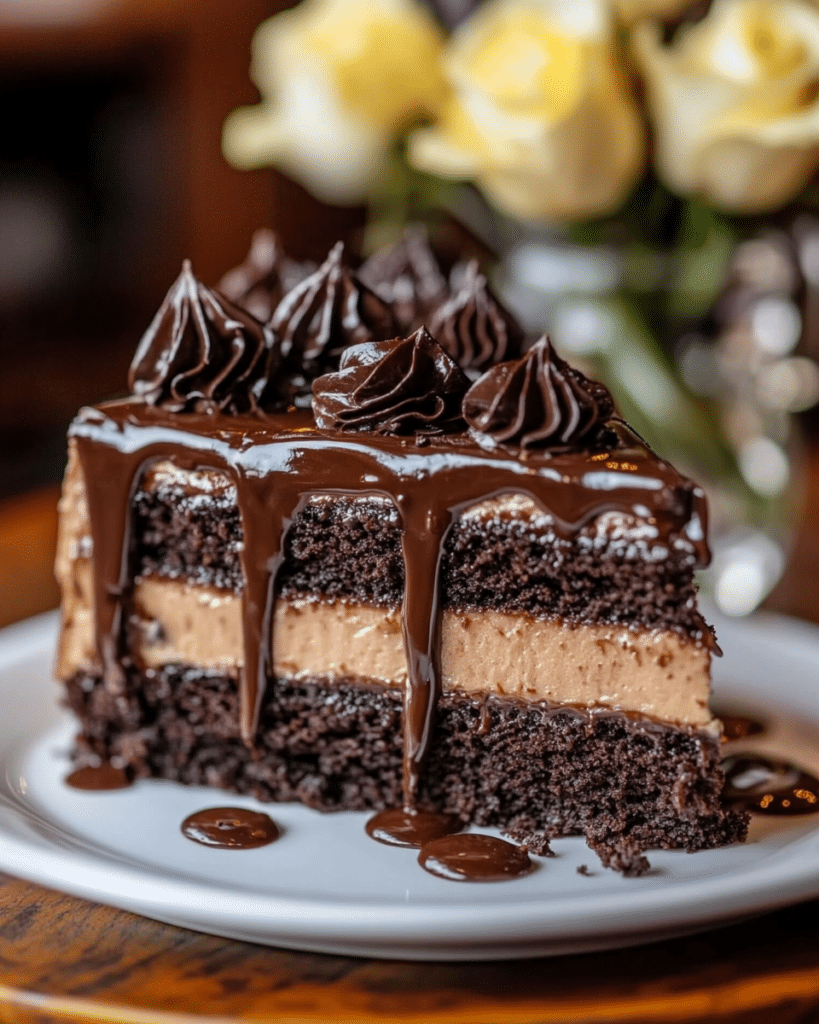 The whole Chocolate Cappuccino Cake decorated with chocolate shavings on a cake stand.