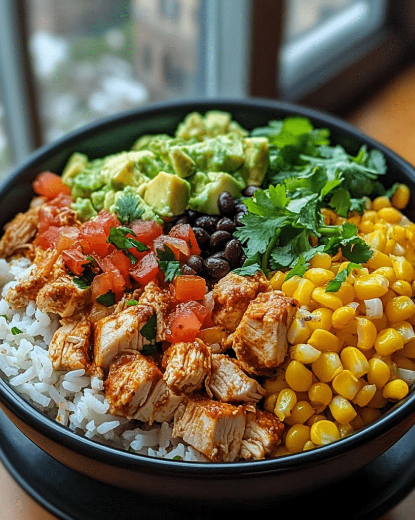 A close-up of a One-Pan Chicken Burrito Bowl, garnished with cilantro and lime.