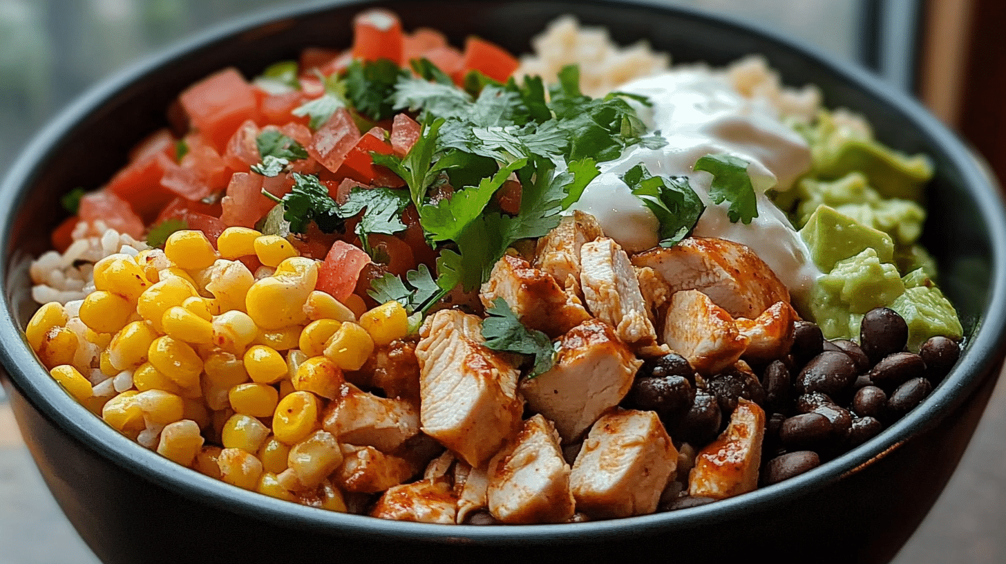 A colorful One-Pan Chicken Burrito Bowl with chicken, rice, beans, corn, peppers, and toppings.