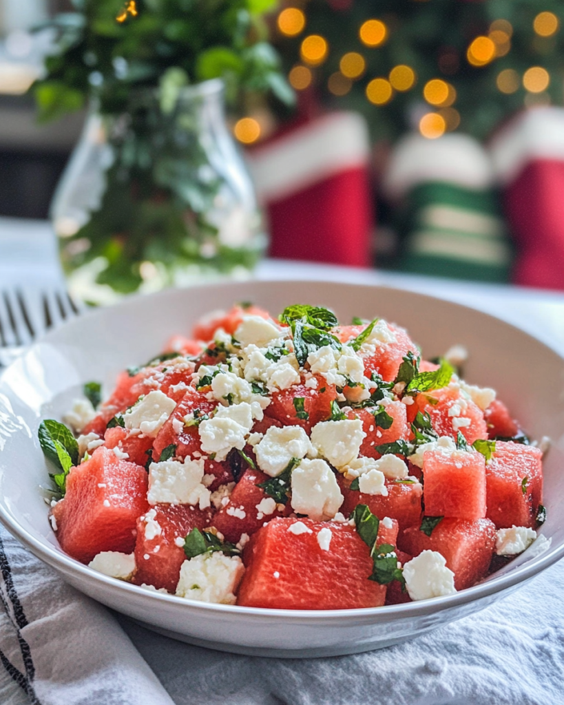 Gently tossing the watermelon, feta, and herbs together for Watermelon Feta Salad.