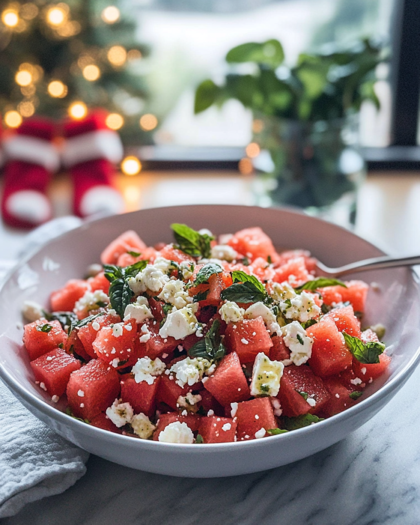 Ingredients for Watermelon Feta Salad, including cubed watermelon, crumbled feta cheese, mint, basil, and lime.