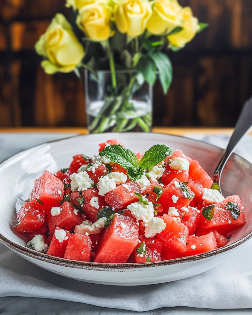 Individual servings of Watermelon Feta Salad in small bowls or cups.