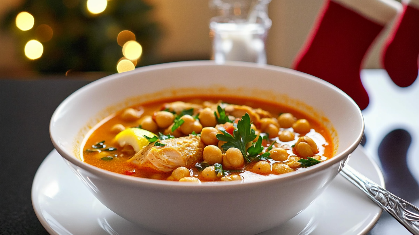 A hearty bowl of Chickpea Chicken Soup with visible chicken shreds, chickpeas, and tomatoes, garnished with parsley.