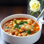 Chickpea Chicken Soup served in bowls with crusty bread on the side.