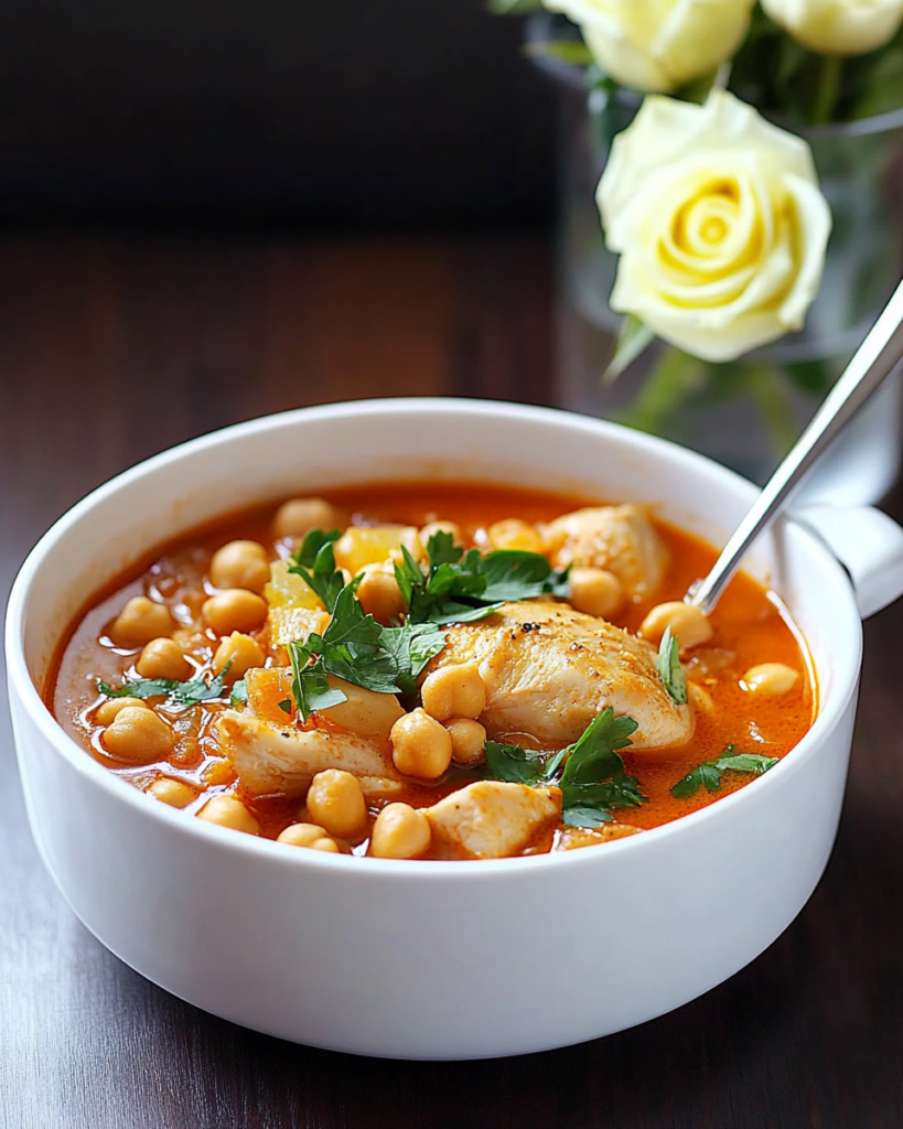 Chickpea Chicken Soup served in bowls with crusty bread on the side.